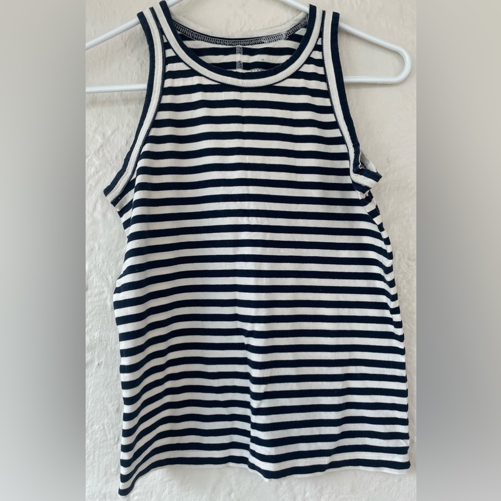 Everlane Womens Organic Cotton Black / Cream Striped Crewneck Racerback Tank; XS